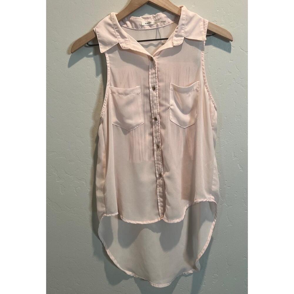 Poetry Sheer‎ Fringe Back Tank Soft Pink High Low Boho Chic Small